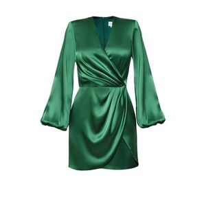 Nomi Fame Paris Green Satin Long Sleeve Draped Mini Dress